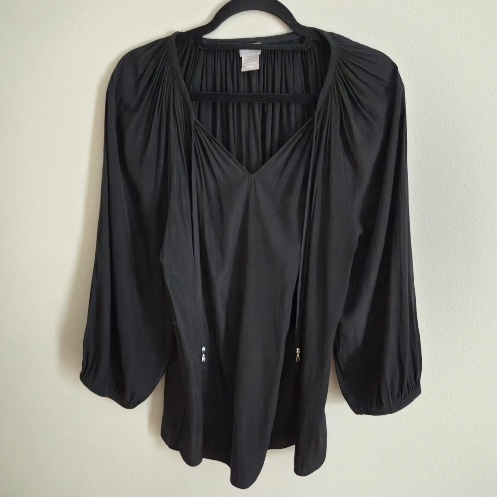 Chico's Women's Black Blouse Size  3 Tie Front Elastic Sleeves
